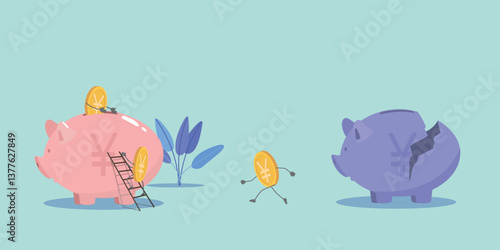 Financial risks, loss of profit inflation. Vector illustration broken piggy bank coins yen, yuan, financial security, budget, saving money