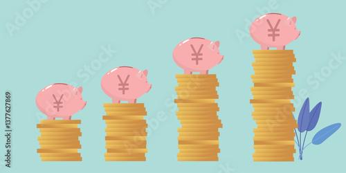Profit growth, financial chart, vector icons yen, yuan. Piggy banks, gold coins, profitable investments, deposit income, budget, economy, wealth