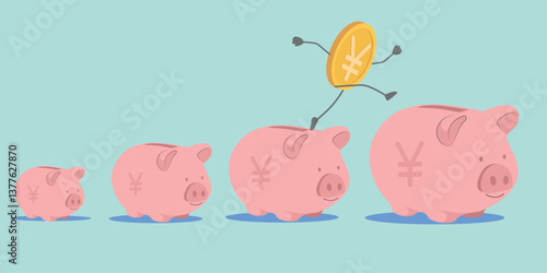 Dividends, profitable investment, piggy banks, cash. Vector icon yen, yuan, money accumulation, savings, wealth