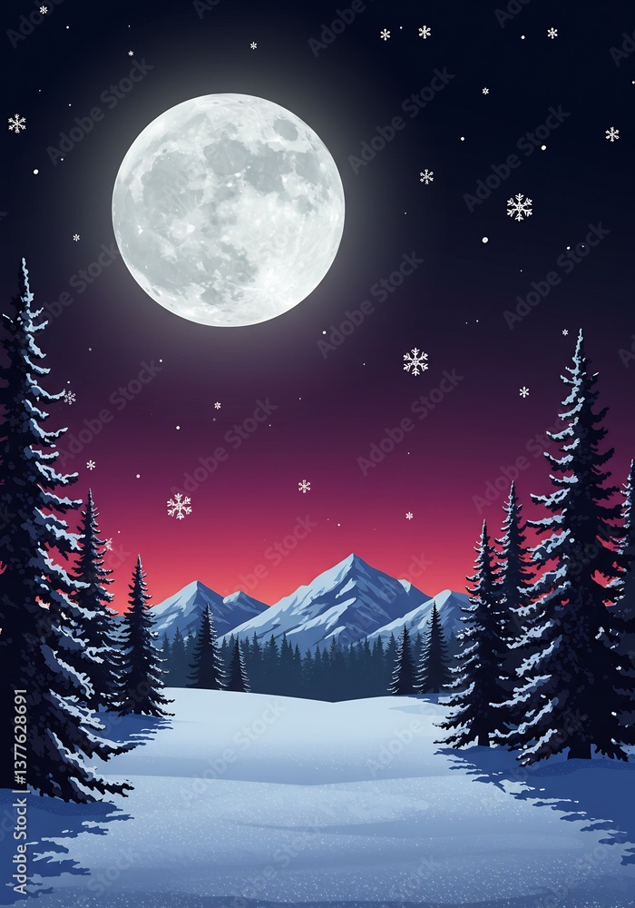 Fototapeta premium Serene Winter Night Landscape Full Moon. AI Generated