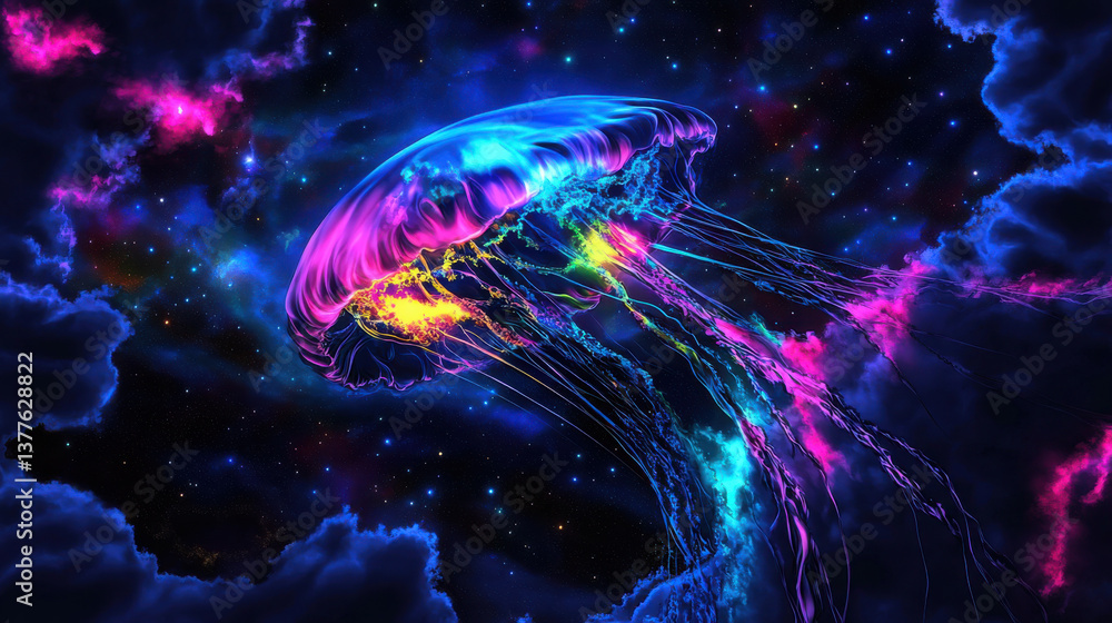 Fototapeta premium cosmic jellyfish floats in deep space, illuminated by vibrant colors against starry backdrop, evoking sense of wonder