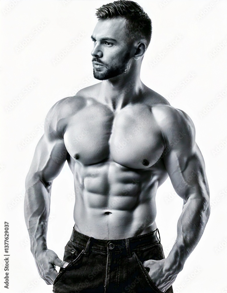 Fototapeta premium Heroic Strongman Flexing Muscles in a Monochrome Black and White Shot. Isolated white background