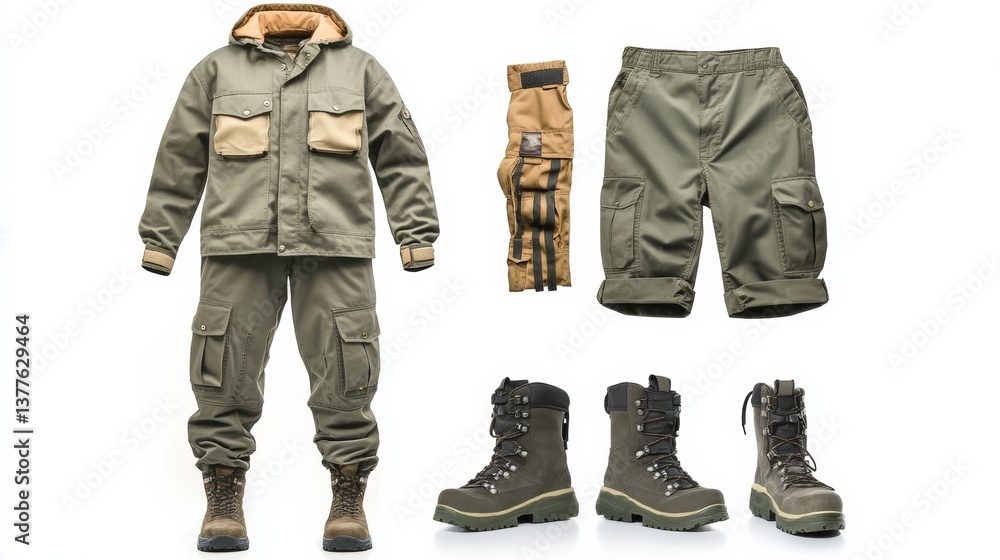 A full workwear and uniform set, featuring a utility jacket, pants, and boots, isolated on white, A full workwear and uniform set, featuring a utility jacket, pants, and boots, isolated on white,
