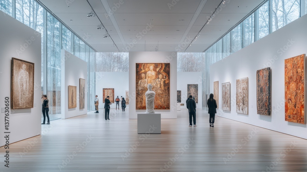Modern Art Gallery Interior with Visitors Admiring Artwork Display Modern Art Gallery Interior with Visitors Admiring Artwork Display