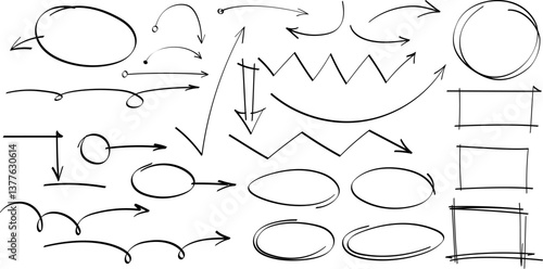 Hand drawn arrows, highlight, text underline strokes and emphasis marks. Set of Sketches of arrows, ellipse, rectangle, oval and mark. Collection of vector doodle elements and shapes for notes