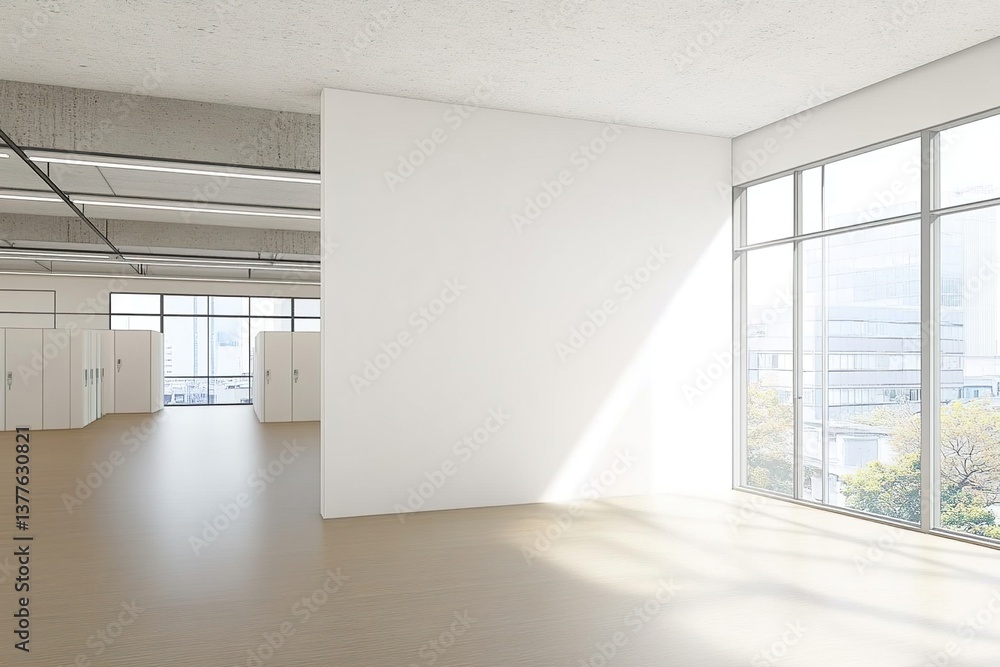 Minimalist open office space with blank white wall and large windows. 3D Rendering Minimalist open office space with blank white wall and large windows. 3D Rendering