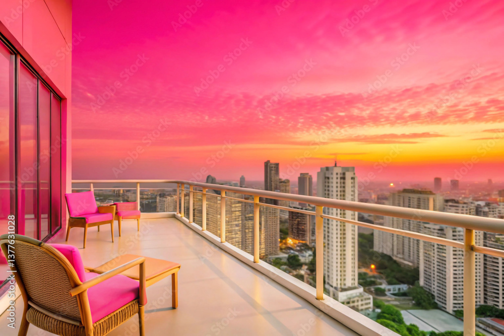 Fototapeta premium Standing on a high-rise balcony at sunset, overlooking the city