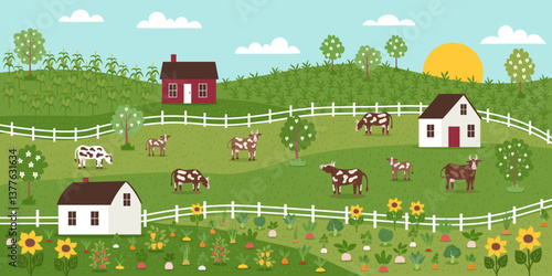 Sustainable and regenerative farming concept banner. Gardening nature landscape. Farmhouses, garden, livestock and pasture. Vector hand drawn illustration in flat style.