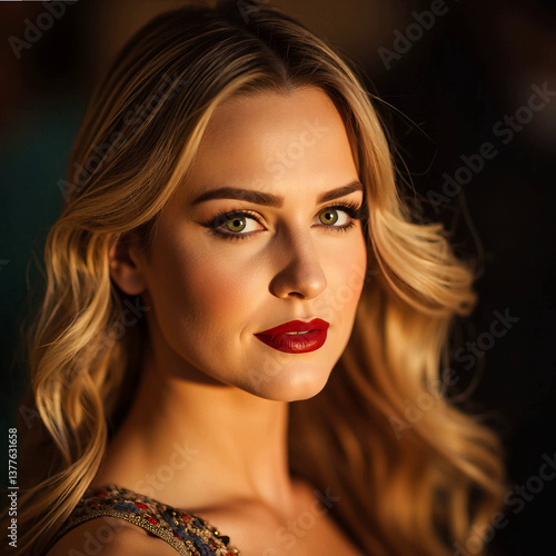 Wallpaper Mural A woman in her thirties, with striking features: blonde hair, piercing green eyes, a prominent forehead, a large straight nose, and defined cheekbones. Her long hairstyle is elegantly styled with bang Torontodigital.ca