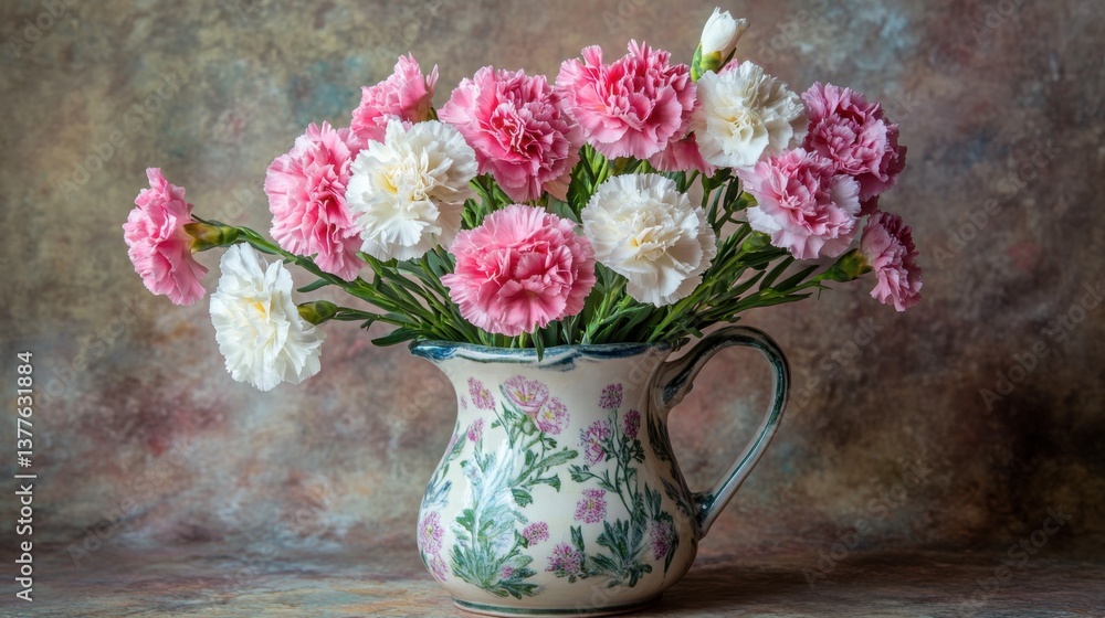 Obraz premium A fresh bouquet of pink and white carnations arranged in a ceramic pitcher.