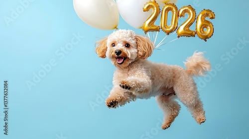 Toy poodle flying with balloons and 2026 decorations on blue background
