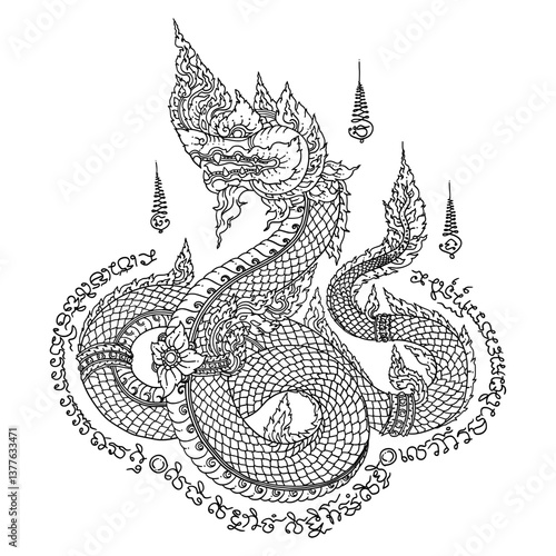 Thai raditional tattoo. Yant Naga. Thai text translation: protection, wealth and knowledge.
