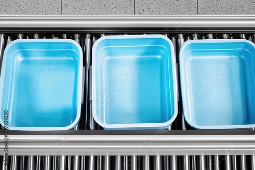 Airport conveyor with empty plastic containers, top view