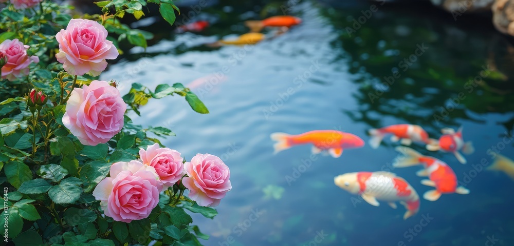 pink flower in the garden and fish pink flower in the garden and fish