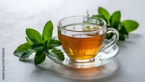 Isolated on a white background is a cup of kratom tea with a fresh kratom leaf.