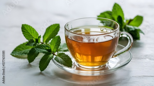 Fresh leaves and a cup of hot, fragrant mint tea are on the table.