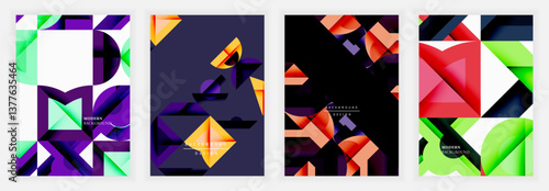 Geometric posters with sharp angular shapes and layered abstract forms in vivid green, red, purple, orange, and black on contrasting light and dark backgrounds