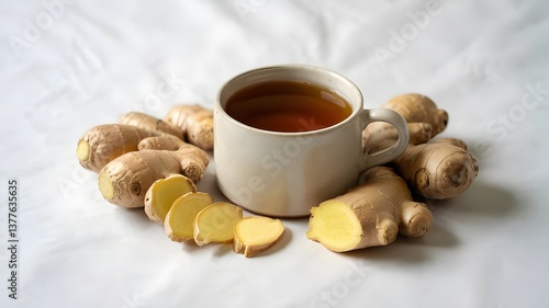 Ginger root and slices in a glass cup of boiling ginger tea