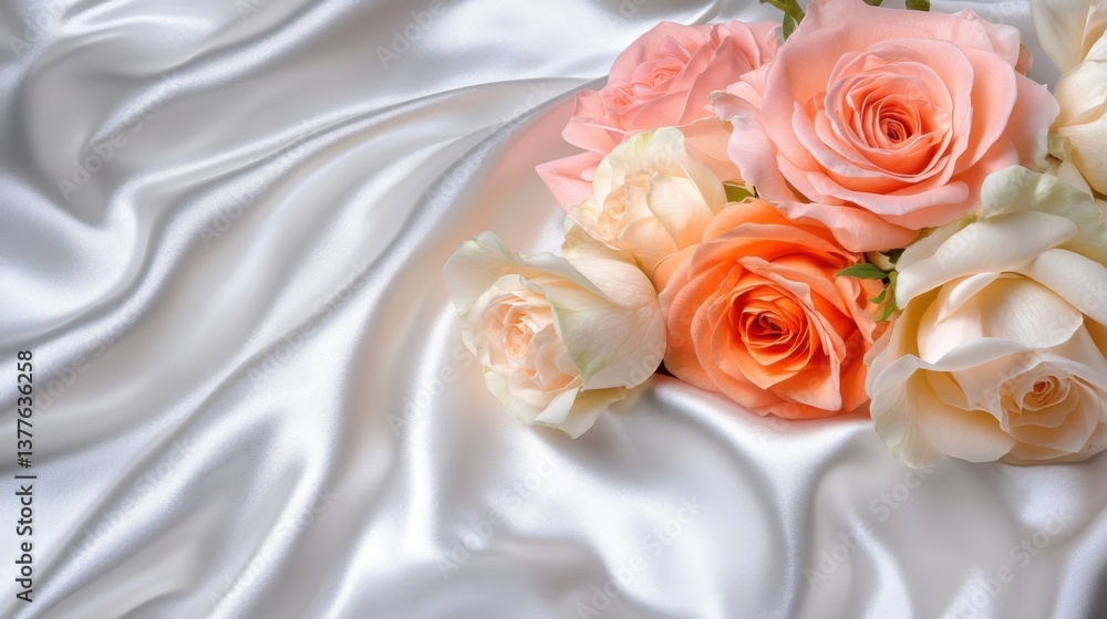 A romantic bouquet of soft pink and peach-colored roses on a silky white fabric. A romantic bouquet of soft pink and peach-colored roses on a silky white fabric.