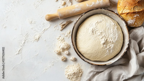 Dough is rising in a bowl on a clean countertop filled with flour and baking tools. Nearby, a wooden rolling pin and freshly baked bread add warmth to the cozy kitchen atmosphere