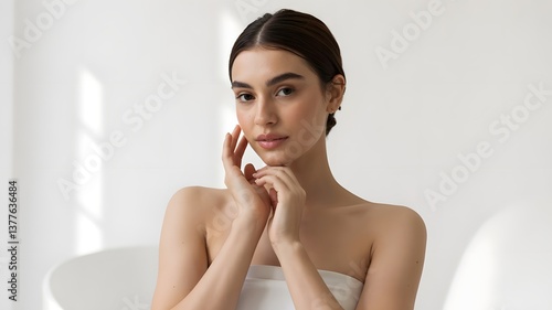 Young woman touching her face gently. Concept of female beauty
