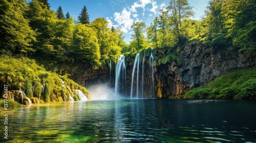 Waterfalls flow gracefully into a tranquil lake nestled among dense forests. Sunlight filters through the trees, illuminating the vibrant foliage and creating a peaceful, idyllic atmosphere