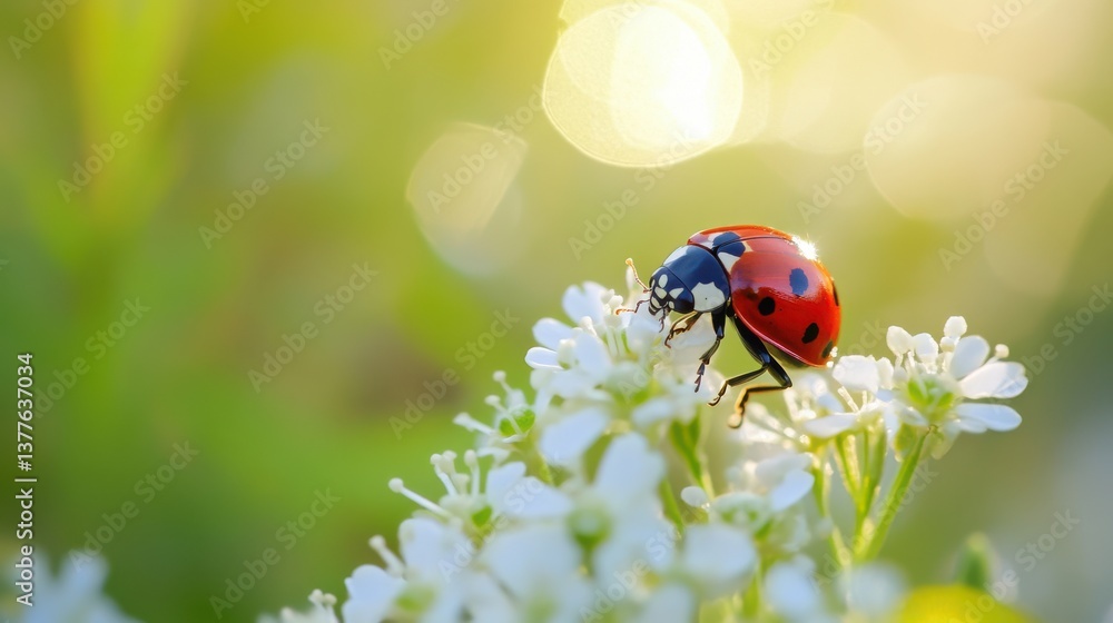 A vivid ladybug with red wings and black spots is perched on delicate white flowers. Soft sunlight creates a warm glow during a serene spring day in a lush garden A vivid ladybug with red wings and black spots is perched on delicate white flowers. Soft sunlight creates a warm glow during a serene spring day in a lush garden