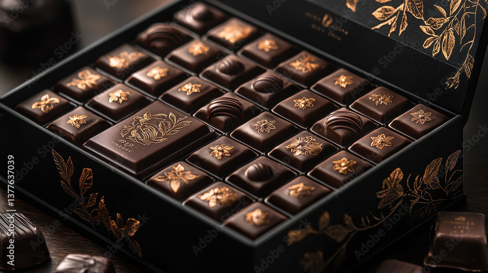 Luxurious chocolate box filled with assorted gourmet chocolates, elegantly designed with floral patterns and rich textures Luxurious chocolate box filled with assorted gourmet chocolates, elegantly designed with floral patterns and rich textures