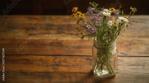 Wallpaper Mural A rustic bouquet of freshly picked wildflowers in a mason jar on a wooden table. Torontodigital.ca