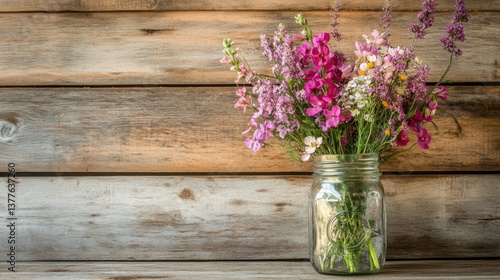 Wallpaper Mural A rustic bouquet of freshly picked wildflowers in a mason jar on a wooden table. Torontodigital.ca