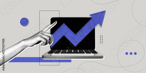 Trendy Halftone Collage Business and investment growth concept. Hand holding up arrow. Interest rate. Computer laptop with invest strategy. Successful development. Contemporary vector illustration art