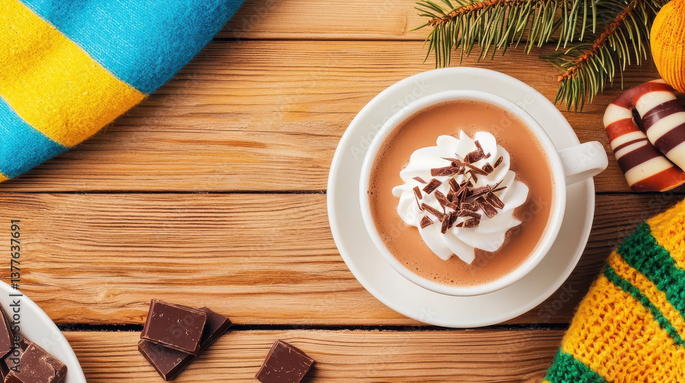 top down view of creamy hot chocolate topped with whipped cream and chocolate shavings, surrounded by colorful scarves top down view of creamy hot chocolate topped with whipped cream and chocolate shavings, surrounded by colorful scarves