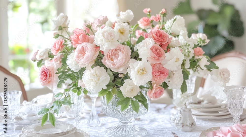 A soft pink and white floral arrangement in a crystal vase, elegantly styled on a dining table. A soft pink and white floral arrangement in a crystal vase, elegantly styled on a dining table.