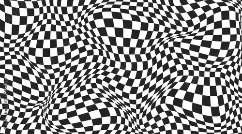 Checkerboard background. Warped wavy pattern with geometric graphic. Abstract chess square surface. Checkered psychedelic optical illusion print. Y2k design for banner. Vector illustration
