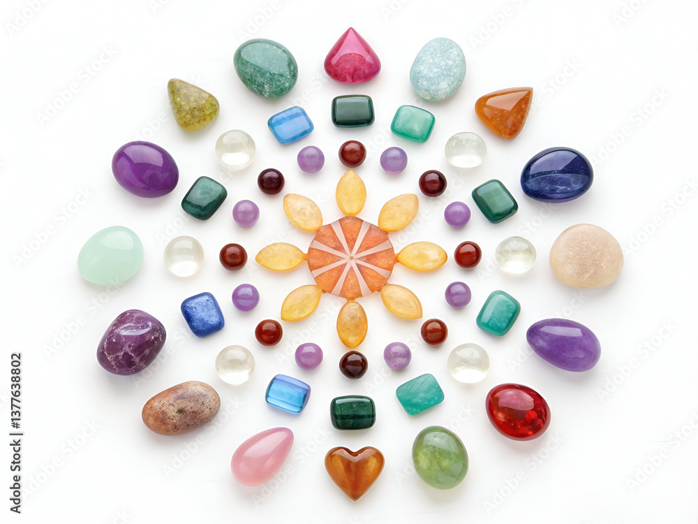 A selection of multicolored gemstones and crystals, arranged in a symmetrical pattern on a white background A selection of multicolored gemstones and crystals, arranged in a symmetrical pattern on a white background