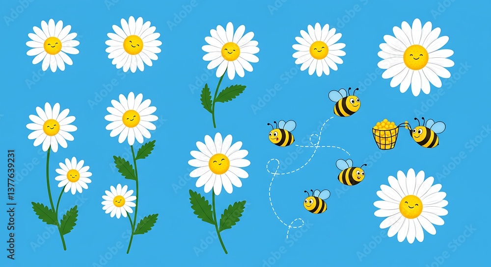 Fototapeta premium Happy Bees & Daisies: Cheerful Vector Illustration AI Generated