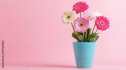 Wallpaper Mural A vibrant bouquet of fresh gerbera daisies in a bright blue ceramic pot against a pastel background. Torontodigital.ca