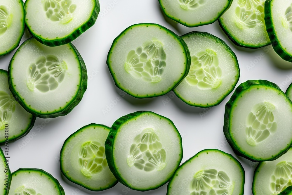 Fresh green cucumber slices on white background with juicy seed details Fresh green cucumber slices on white background with juicy seed details