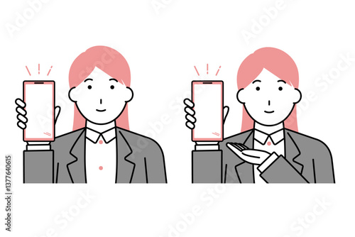 スマホの画面を見せるビジネスウーマンのイラスト