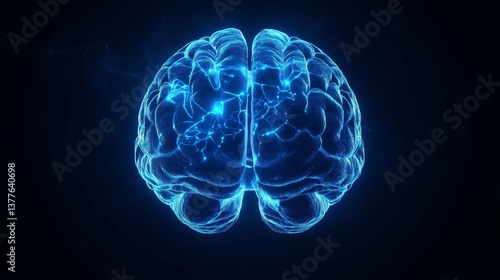 Glowing digital brain with blue neural network on dark background