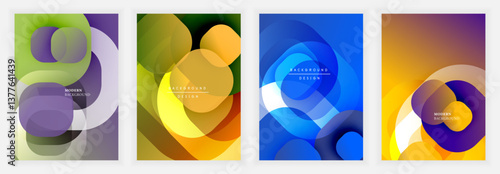 Smooth abstract design with vibrant gradients, overlapping translucent shapes, and glowing light effects in purple, green, yellow, and blue backgrounds