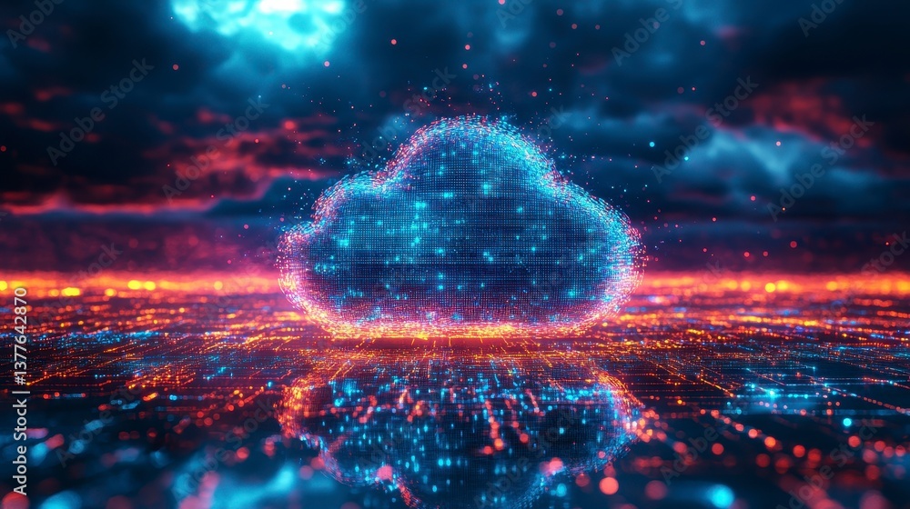 Colorful Digital Cloud with Glowing Particles and Data Visualization Colorful Digital Cloud with Glowing Particles and Data Visualization