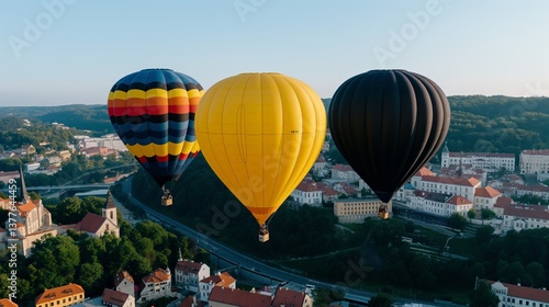 Colorful hot air balloons soaring over european townscape