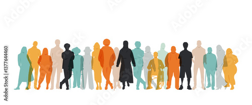 Different people stand side by side together. Modern design. Silhouettes of people. 