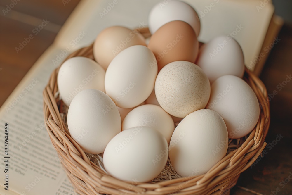 Assorted fresh eggs in basket on open book background