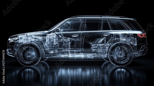 X-ray view of transparent suv side profile highlighting internal mechanics and technology