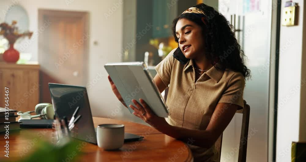 Woman, phone call and tablet in home for remote work, communication and publisher contact. Journalist, laptop and schedule on tech for creative writing, book review and planning release date at desk Woman, phone call and tablet in home for remote work, communication and publisher contact. Journalist, laptop and schedule on tech for creative writing, book review and planning release date at desk