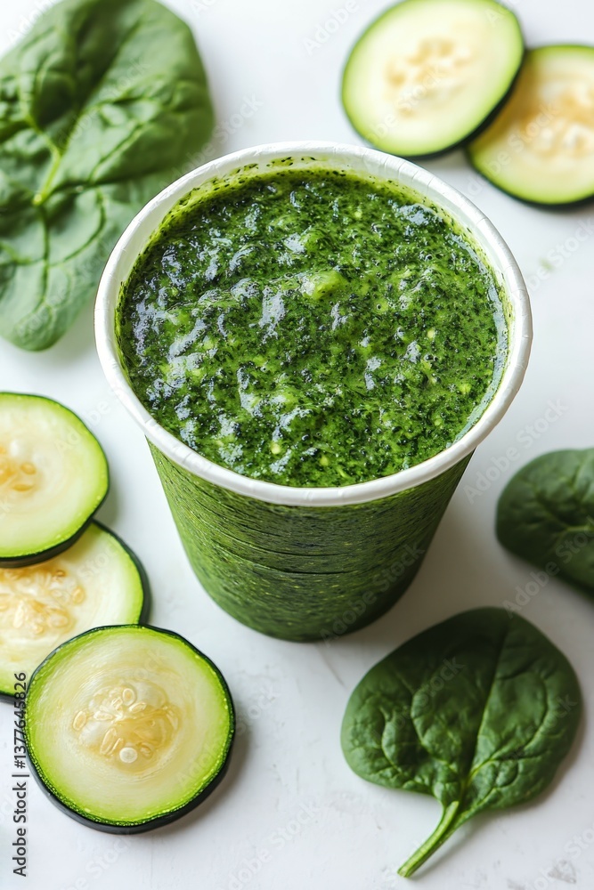 Fresh spinach-zucchini juice in a biodegradable cup with greens on a clean background Fresh spinach-zucchini juice in a biodegradable cup with greens on a clean background