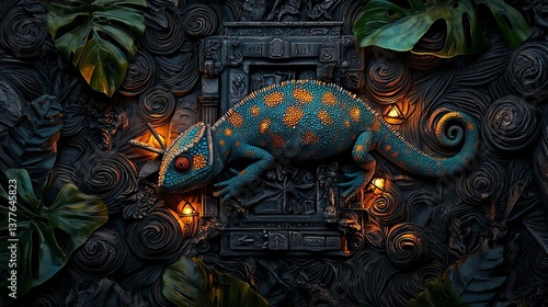 Wallpaper Mural A colorful chameleon resting on a textured background surrounded by lush green leaves, showcasing nature's beauty. Torontodigital.ca