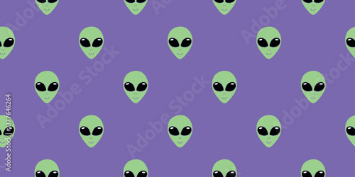 Seamless pattern with Aliens green heads in doodle flat style. Humanoids, visitors, Martians. Vector illustration, wallpaper on theme of space, UFO, conspiracy theory, Sci-fi, fantastic